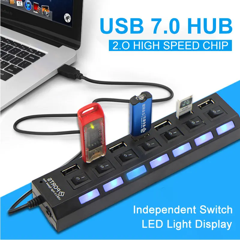 Usb-хаб 2,0 4/7 порт портативный USB 2,0 концентратор мультиразветвитель с переключателем вкл/выкл или ЕС/США адаптер питания для ноутбука MacBook