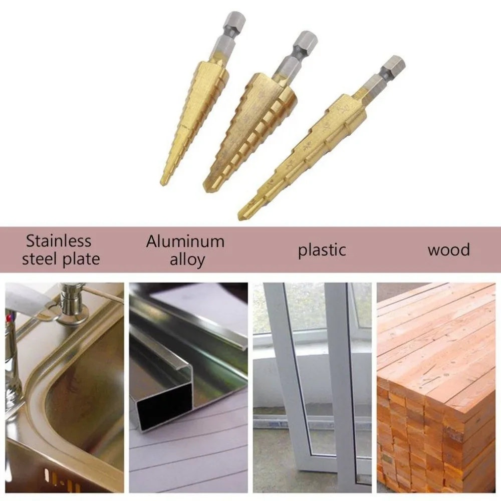 Набор ступенчатых сверл из быстрорежущей стали с титановым покрытием 3 шт. 3-12 мм