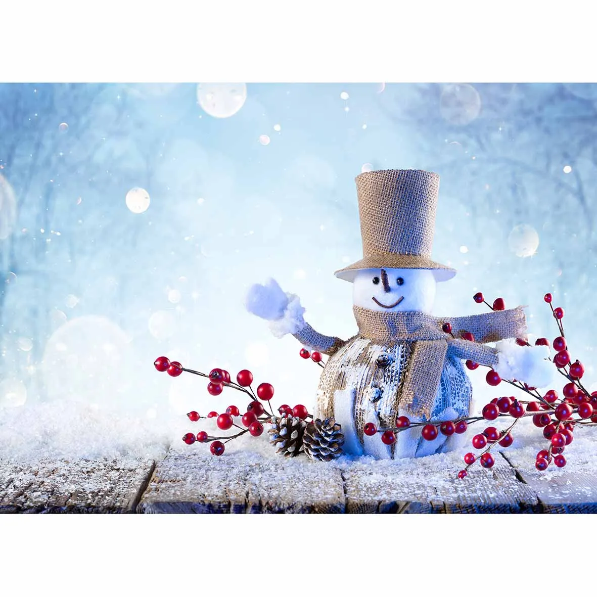 Allenjoy Рождественский Снеговик сосновый конус снег деревянный пол боке дерево фон