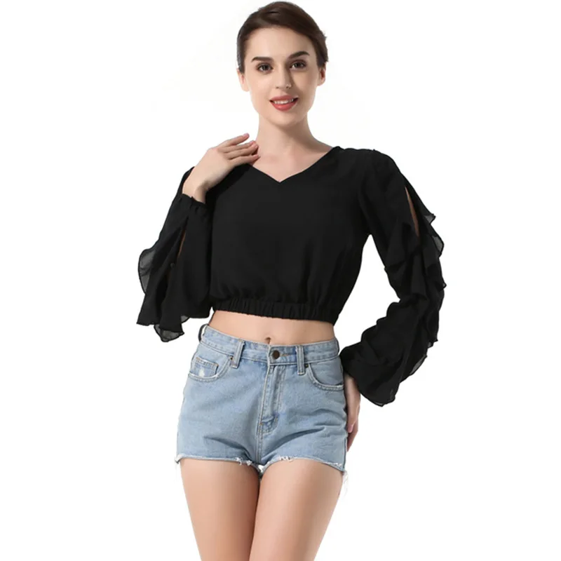 YSMILE Y Women Ruffles Sexy Short Shirt V-Neck Solid Chiffon Black White Blouse Exposed Party Personality Clothes For Female