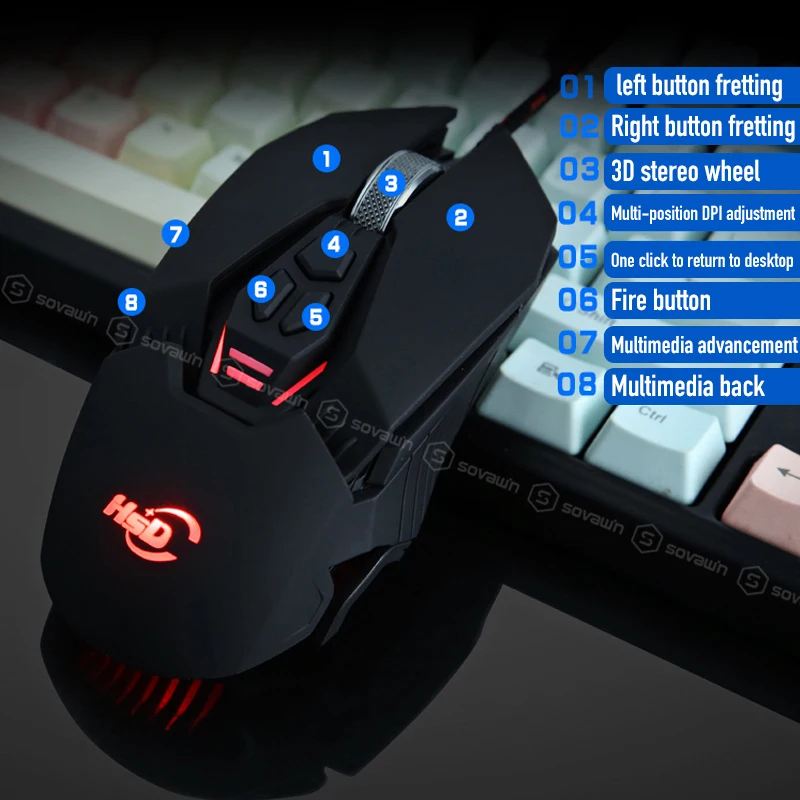 Игровая USB мышь Sovawin проводная оптическая 3D 4000DPI 8 кнопок светодиодная геймерская