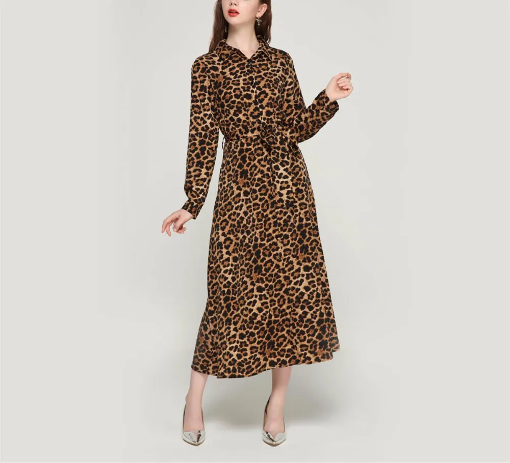 JOYINPARTY women leopard print ankle length dress bow tie sashes long sleeve retro ladies casual chic dresses vestidos | Женская одежда