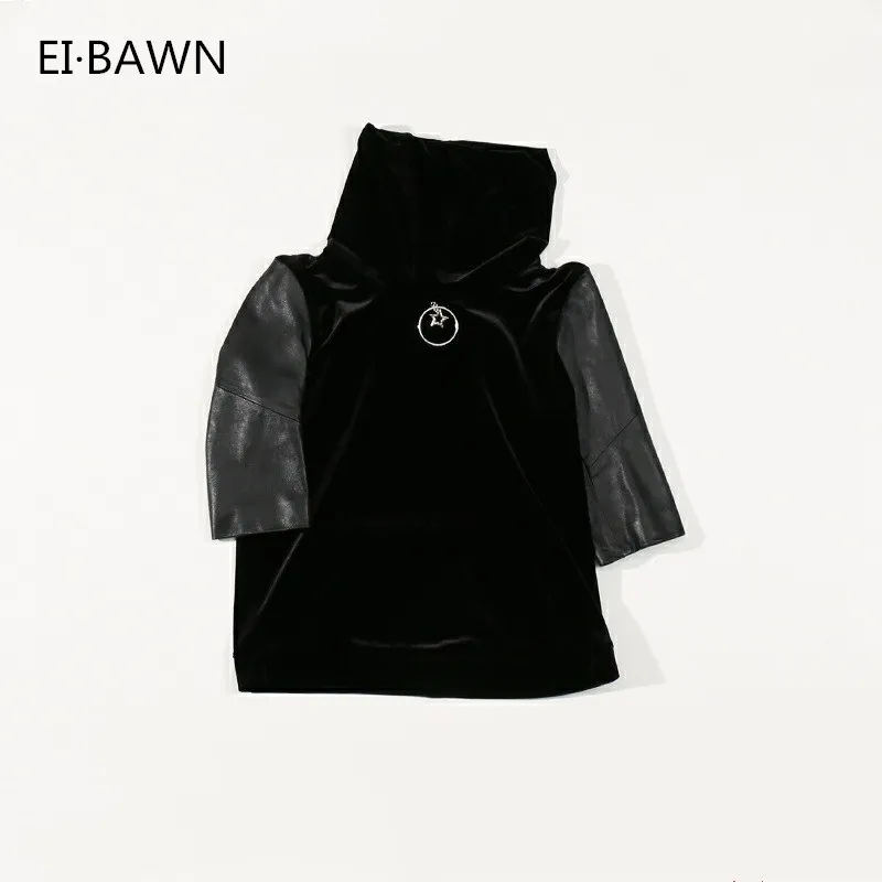 Женская рубашка из натуральной кожи черная блузка овчины с высоким вырезом и