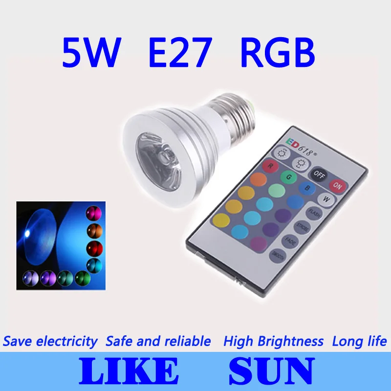 

Бесплатная доставка 100 шт./лот 5 Вт RGB лампа 16 цветов E27 AC95-265V Светодиодная лампа с пультом дистанционного управления
