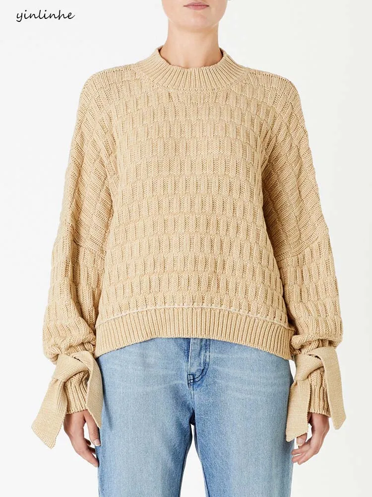 yinlinhe Khaki Loose Autumn Sweater Women Long Sleeve Lace Up Winter Jumpers Fashion O neck Plaid Knitted Pullovers women 1199 | Женская