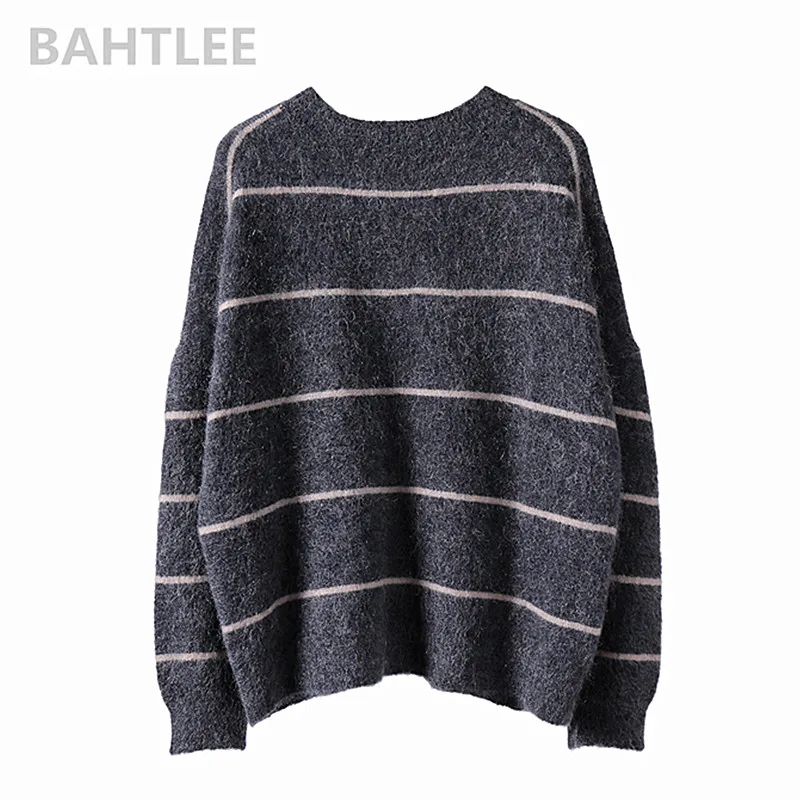 

BAHTLEE Spring Autumn Women's South Africa Mohair Wool Knitted Pullovers Sweater O-Neck Striped Pattern Looser Style