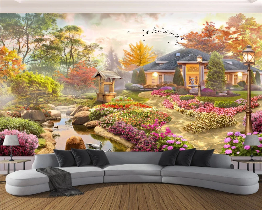 Пользовательские модные шелковистые эко стерео обои сад красивый пейзаж фон papel