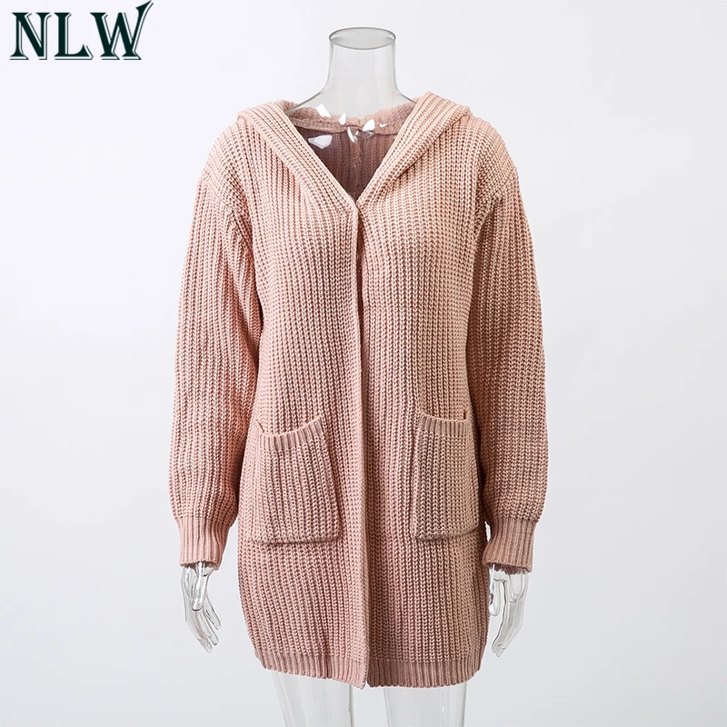 NLW 2019 Autumn Winter Knitted Cardigan Sweater Women Streetwear Long Sleeve Pocket Hooded Jumper Fashion Lace up Split |