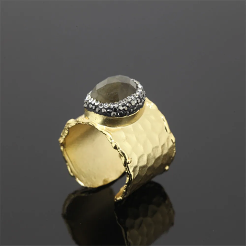 1pcs New design golden metal base pave natural quartz druzy stone and black white rhinestone surface adjustable open unisex ring | Украшения