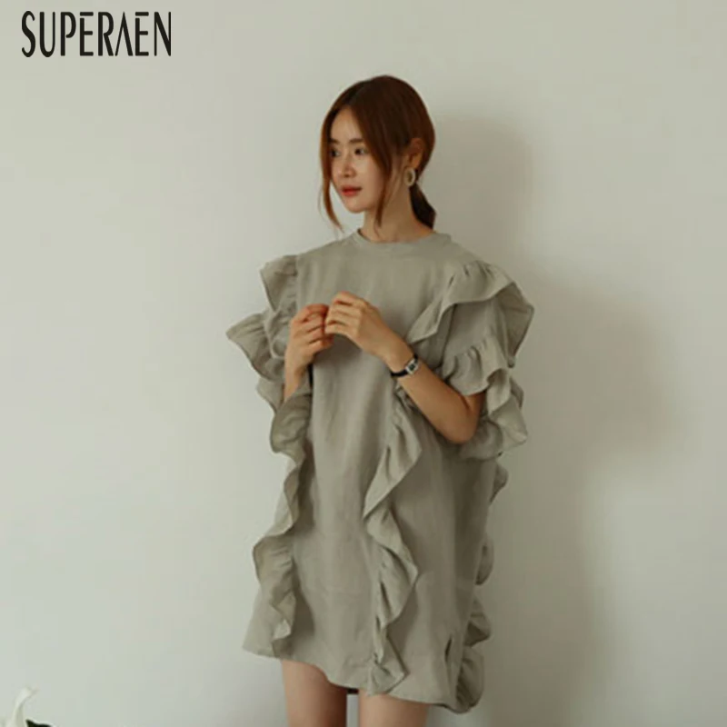 SuperAen, летнее Новое Женское платье, корейский стиль, свободное, плюс размер, женское платье с коротким рукавом, хлопок и лен, женская одежда