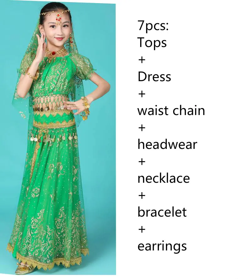 7pcs green Детские индийские костюмы для танца живота, египетские вечерние костюмы для выступлений, танцевальная одежда Для Болливуда, Восточный Костюм для Хеллоуина - Цвет: 7pcs green