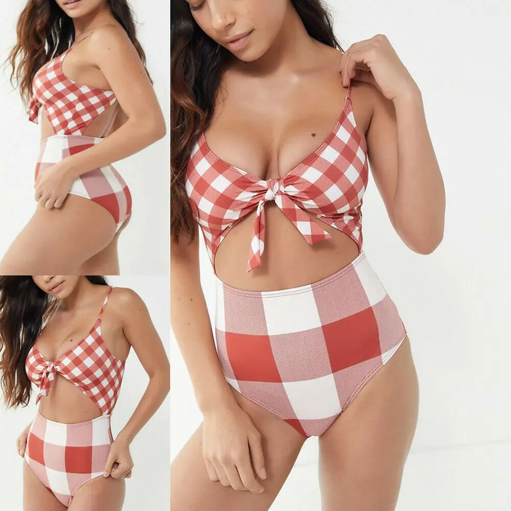 Горячие для женщин Push Up комплект бикини клетчатая Высокая талия мягкий танкини