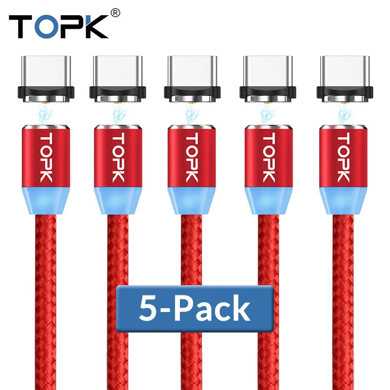 TOPK [5 Pack] R Line2 LED Магнитный кабель USB Type C для Samsung Galaxy Note 9 One Plus 6 зарядный