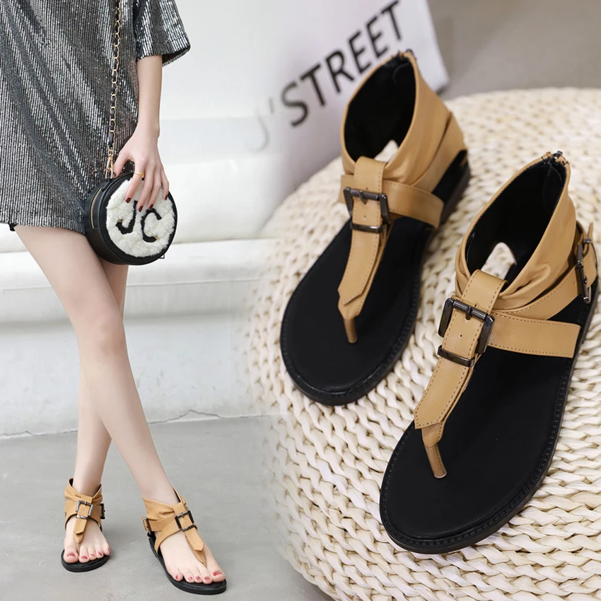 2019 Gladiator Women Sandals Rome Sandals Flat Sandals Khaki/Black Summer Female Shoes Casual Lady Shoes Woman Footwear women bohemia colorful summer gladiator flat ankle strap sandals shoes lady casual sandals shoes platform sandals