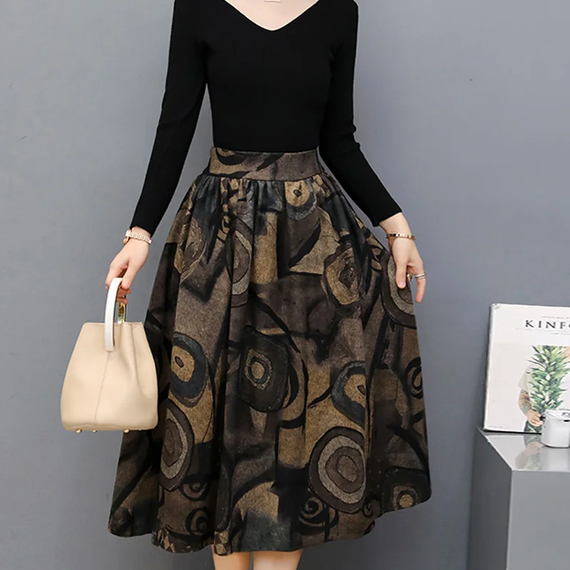 Мода 2017 г. в богемном стиле с принтом размера плюс зимнее миди юбки для женщин