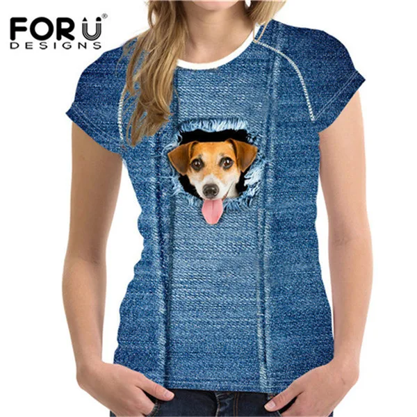 FORUDESIGNS/футболка с милым котом для женщин, Летний стиль, короткий рукав, женские футболки, 3D черный деним, с карманом, футболки для девочек, ropa mujer - Цвет: H318BV