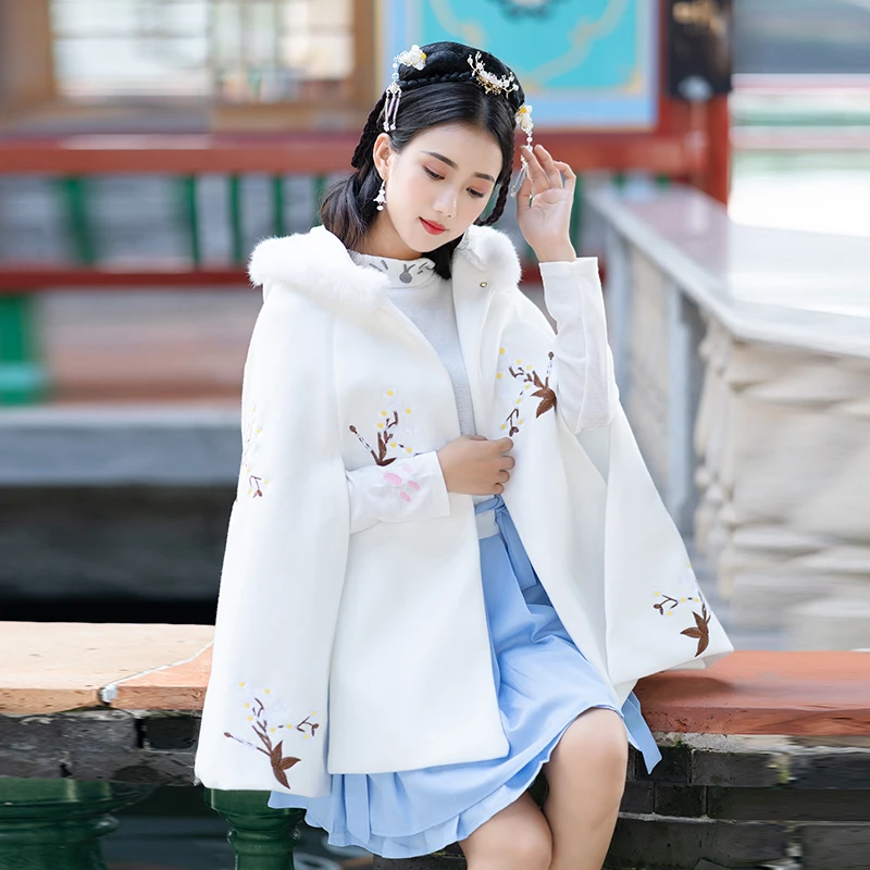 Новинка женское платье Hanfu женская зимняя белая накидка с вышивкой китайские