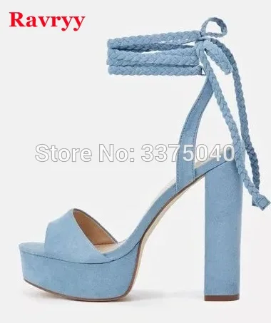 

Ravryy Women Blue High Heel Sandals Pumps Lace Up Chunky Heel Sandals Platform Woman Summer Shoes