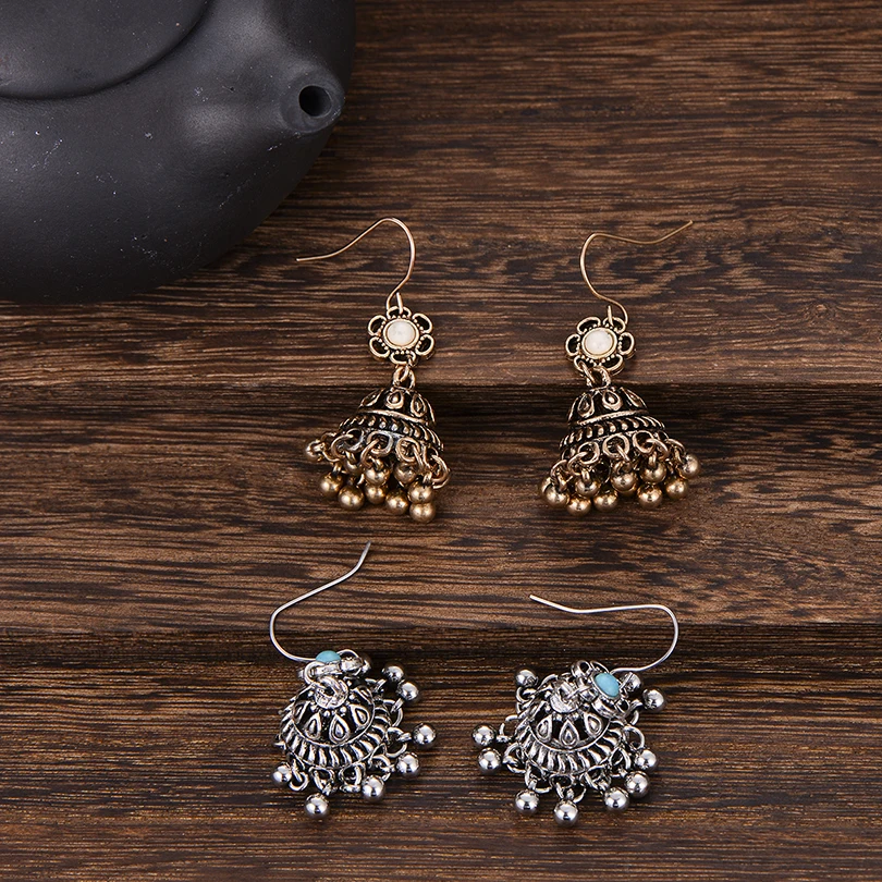 Ethnic Natural Stone Retro Golden Dangle Drop Earrings Boho Beads Tassel Hanging Earring for Women Female Indian Jewelry | Украшения и