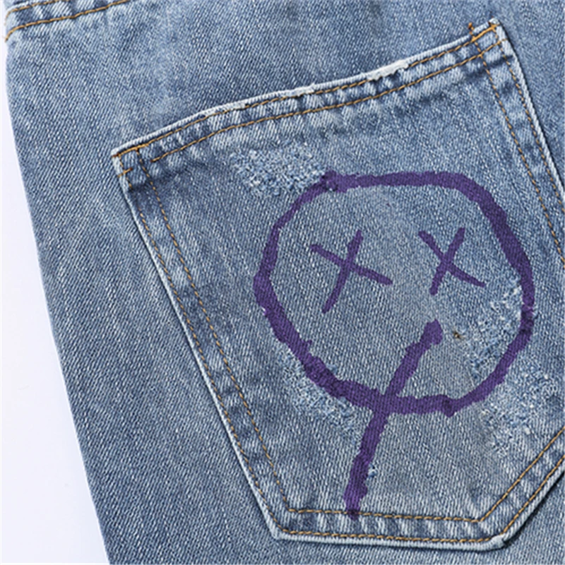 

Bebovizi 2019 Hip Hop Men Jogger Denim Pants Blue Skinny Jeans Hipster Graffiti Letter Print Streetwear Destroyed Ripped Jeans