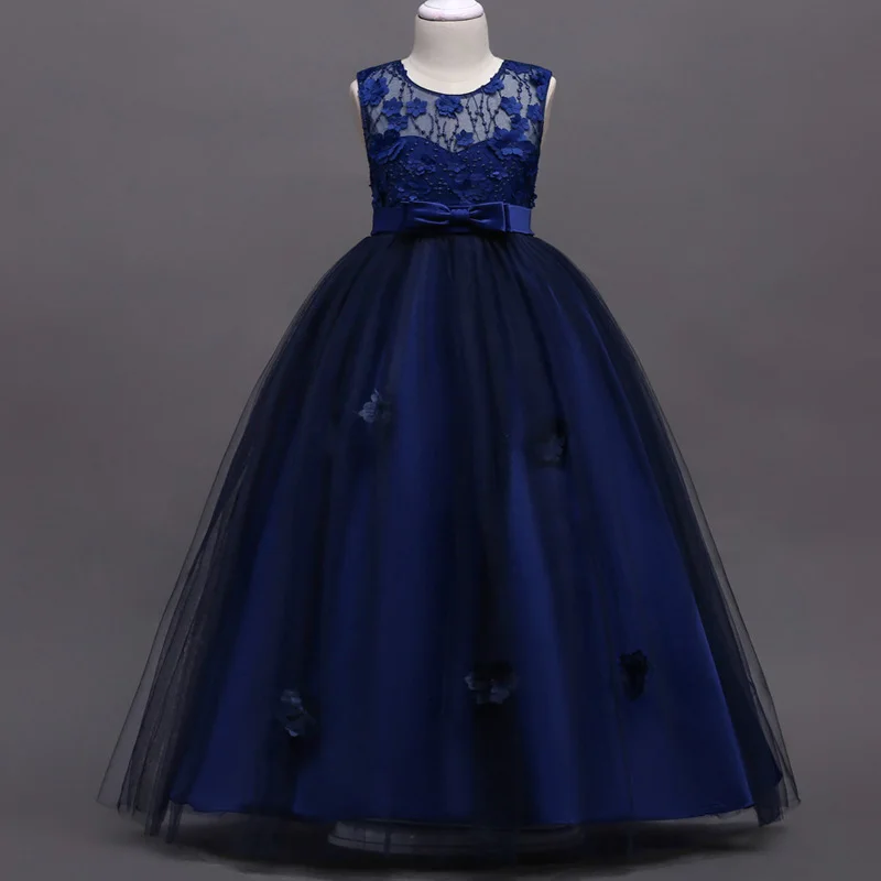 navy blue Детское Свадебное бальное платье с цветочным узором для девочек торжественное платье молодежное кружевное платье без рукавов с аппликацией на возраст от 4 до 14 лет ysar - Цвет: navy blue