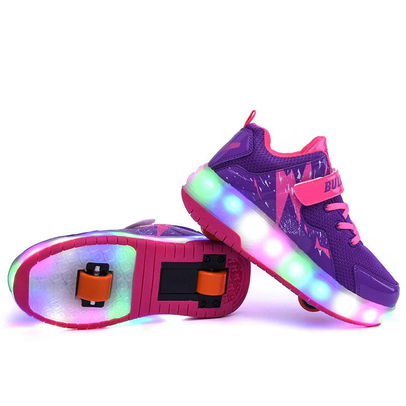 purple USB Charging Fashion Girls Boys LED Light Roller Skate Shoes For Children Kids Sneakers With Wheels Two wheels led shoe | Детская