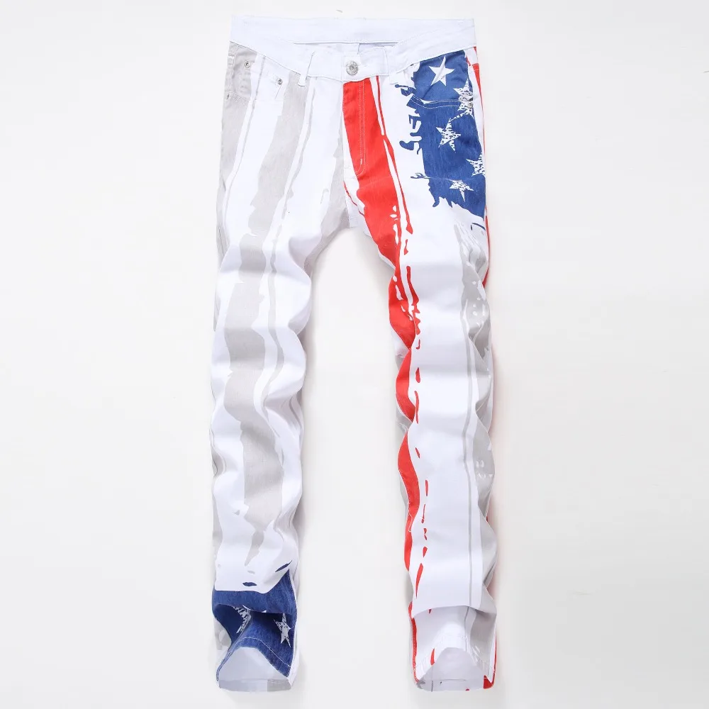 

Casual Jeans Men American Flag Painted Straight Biker Jeans Fashion Pant Male Denim Pant Plus Size 42