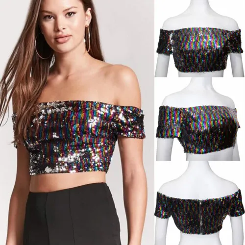 Летние женские сексуальные топики с блестками и открытыми плечами топики-бандо