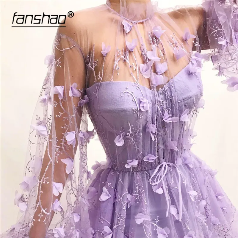 

Lilac Muslim Evening Dresses Lace Long Sleeves Lantern Slit Boho Evening Dress Dubai Saudi Arabic Evening Gown Boho Prom Dress