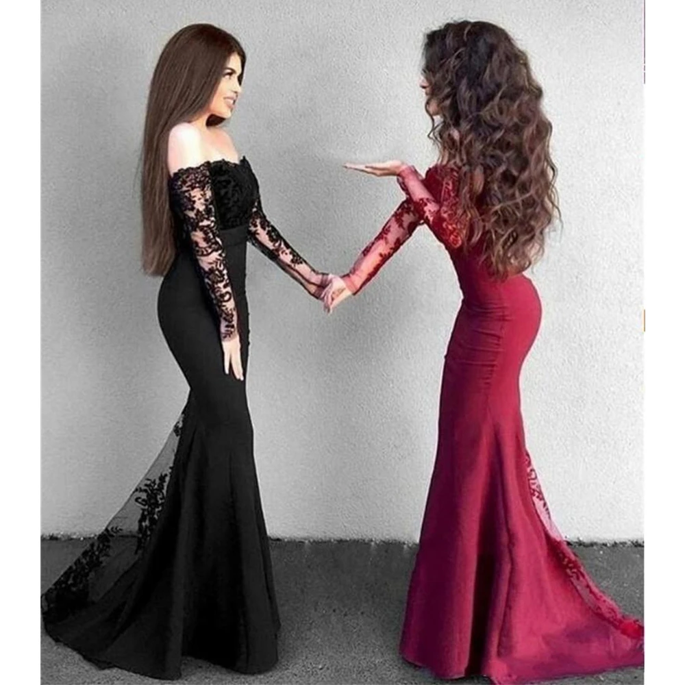 

2019 Long Sleeve Black Wedding Guest Dress Boat Neck Mermaid Lace Elastic Satin Burgundy Bridesmaid Dresses Cheap Custom Made