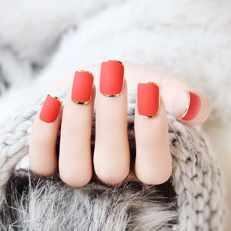 

New Arrival 7 Design Golden Full Frame Frosted Fake Nails Short Square Matte French Acrylic Full Stiletto Fake Nail Art Tips