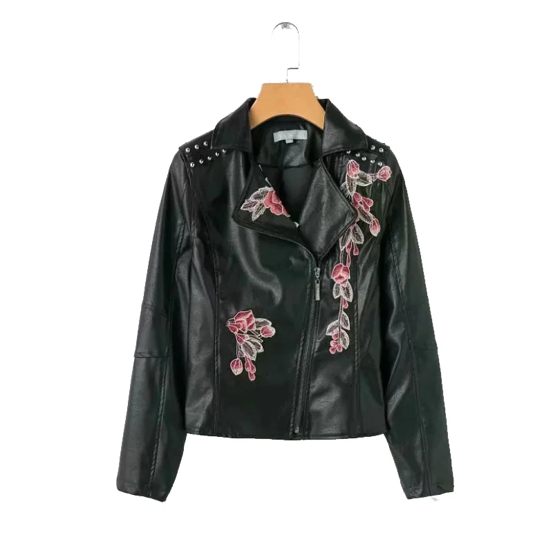 Новинка 2018 женская кожаная куртка с цветочной вышивкой Топ длинным рукавом