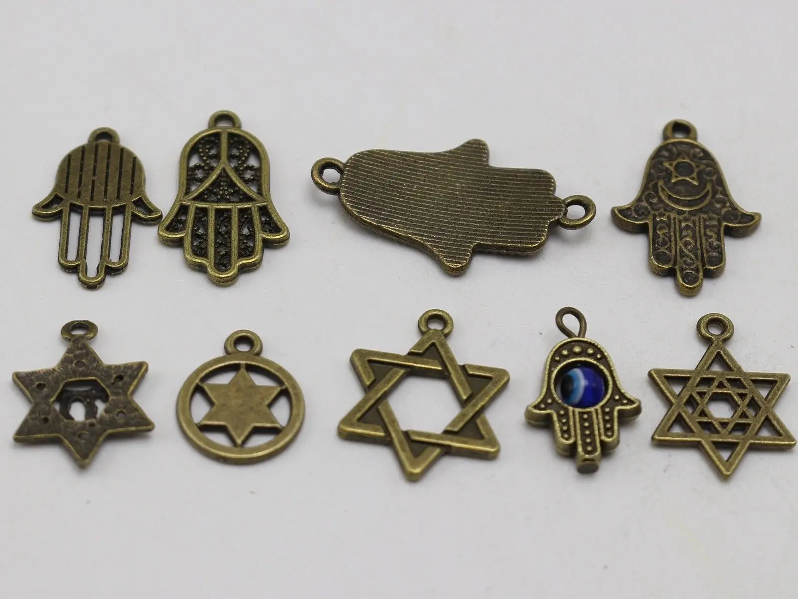 

40 Assorted Bronze Kabbalah BLUE EYE Hamsa Hand "Star of David" Charm Pendants