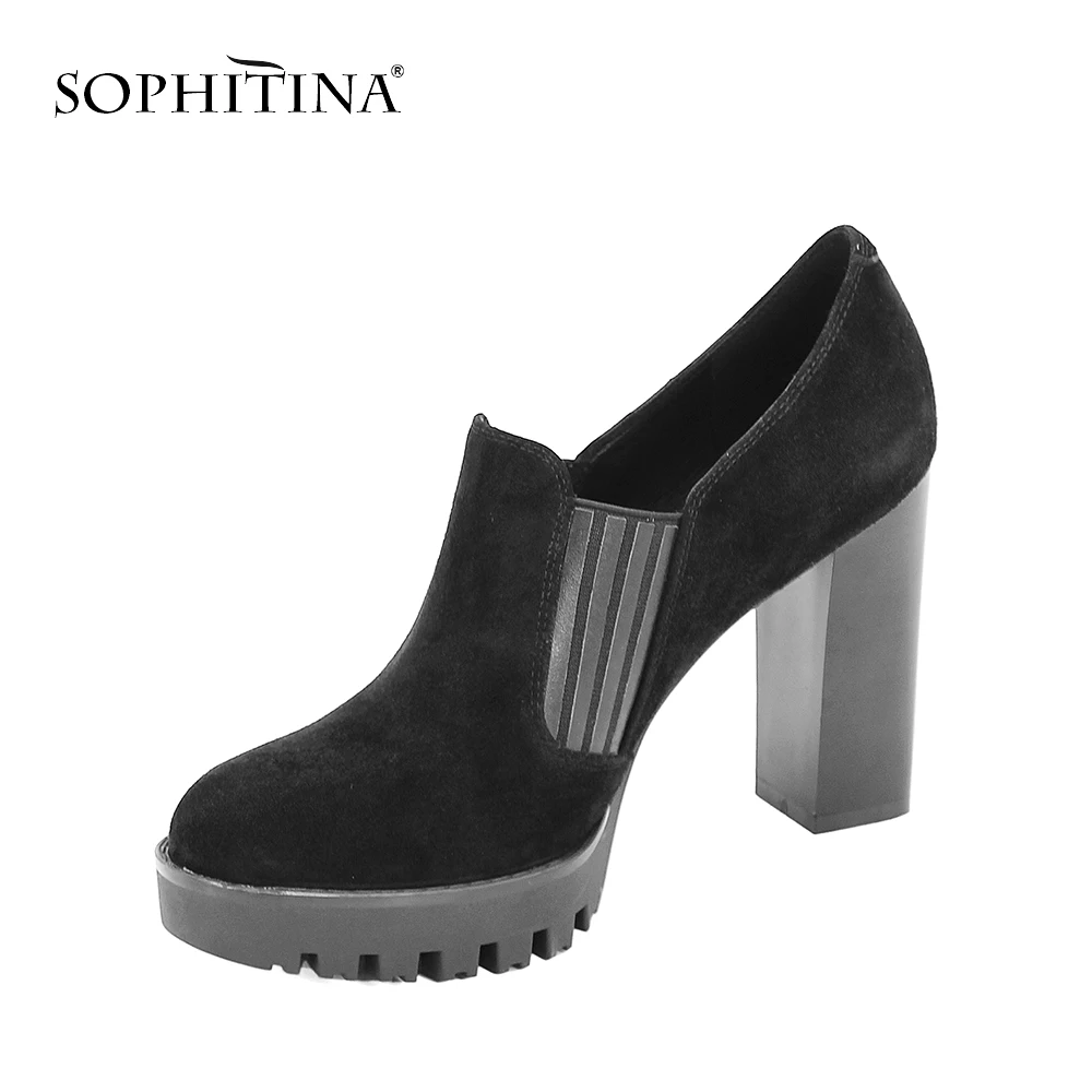 SOPHITINA/ г. ; Ботиночки женские с резинами на двух сторонах; Туфли для женщин из натуральной кожи;Туфли женские на высоком каблуке и толстой подошве; Модная женская обувь с круглым носком; Классика D50