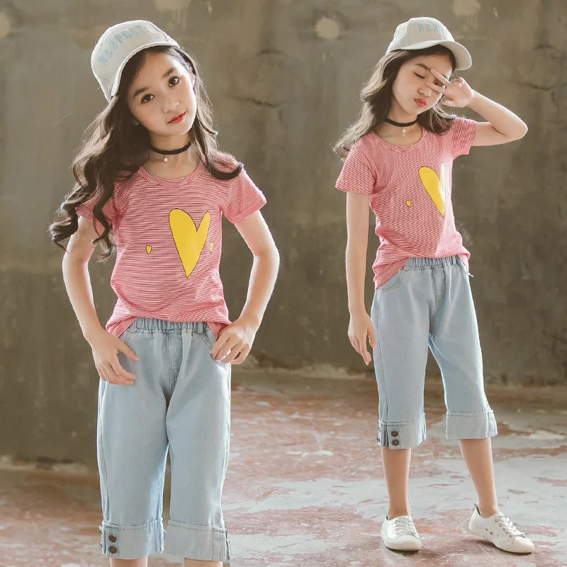 Детская одежда летняя для девочек костюмы маленьких детей футболка + джинсовые