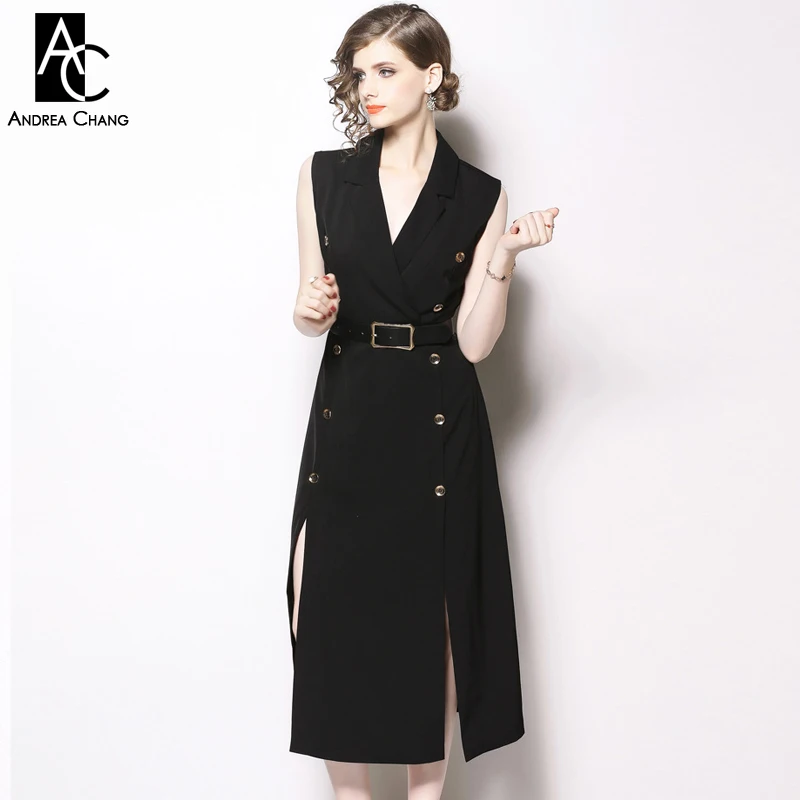 M-XXL spring autumn woman dress sleeveless notched collar calf length with belt buttons split bottom office black | Женская одежда