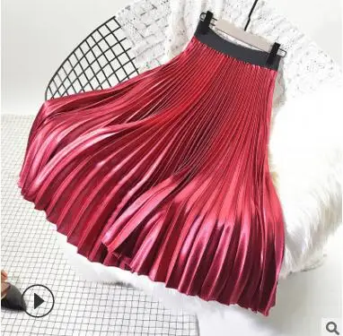wine red Qooth весна новые женские длинные юбки модные брендовые трапециевидные Женские Плиссированные Юбки Высокая талия Женская юбка миди Faldas Mujer Saias - Цвет: wine red