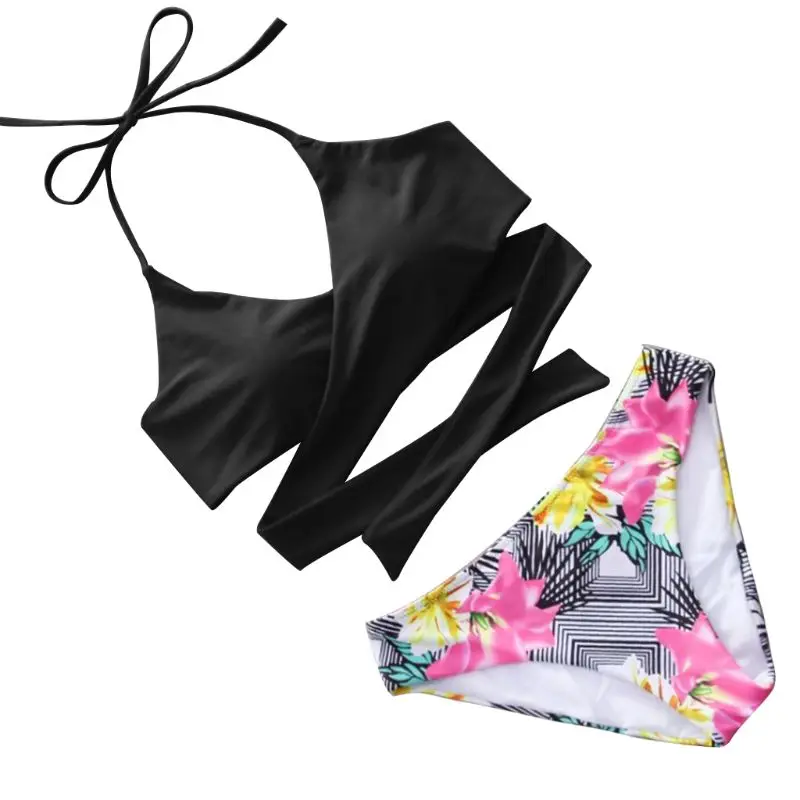 Black and Floral Женский летний комплект из двух предметов с бретелькой через шею с глубоким v-образным вырезом, бюстгальтер с высокой талией, богемная Цветочная цифровая печать, стринги, купальник B - Цвет: Black and Floral