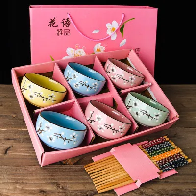 6PCS Mixed pink box Японский вишневый цвет керамическая чаша набор микроволновая печь маленькая Классическая салатная лапша Ramen миска для рисового супа с палочками для еды посуда - Цвет: 6PCS Mixed pink box