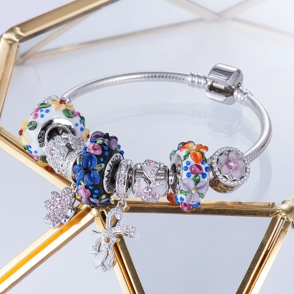 Фиолетовые цветы Стекло бусины 925 серебро Fit Pandora Браслеты и браслеты для Для