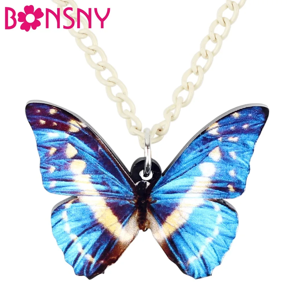 Bonsny акриловые морфовые Капри ожерелье с бабочкой Подвеска цепочка чокер летние Насекомые ювелирные изделия для женщин и девушек оптовая продажа