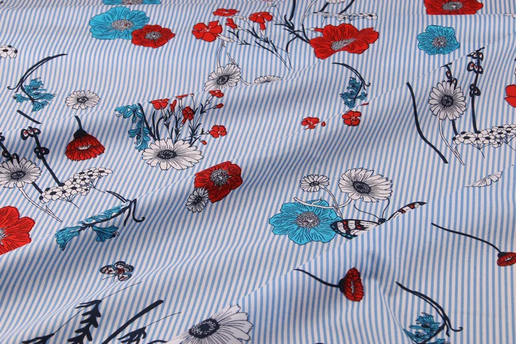 Полосатая ткань с цветочным принтом 100% хлопковая для женщин Платье или блузка