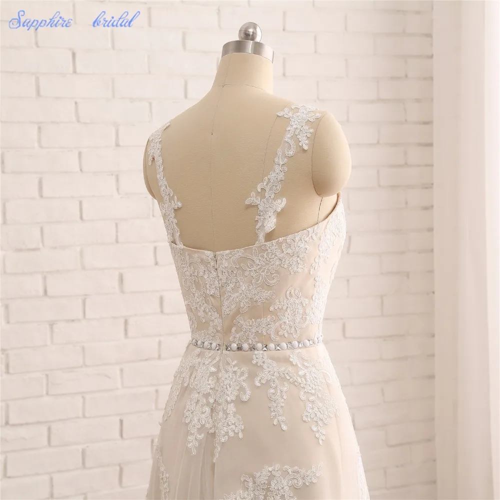 

Sapphire Bridal Vestido De Noiva Champagne Lace Two Pieces Hi-lo Bridal Wedding Gowns 2 in 1 Wedding Dress With Detachable Skirt