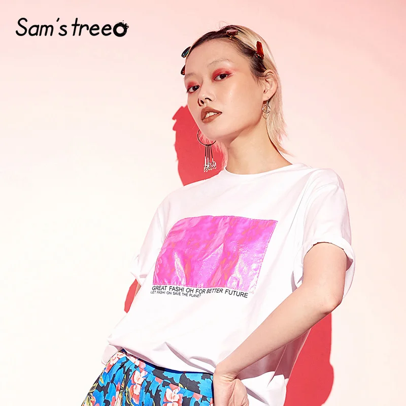 Samstree белая женская футболка с буквенным принтом модные блестящие лоскутные женские футболки больших размеров летние повседневные футболки с круглым вырезом