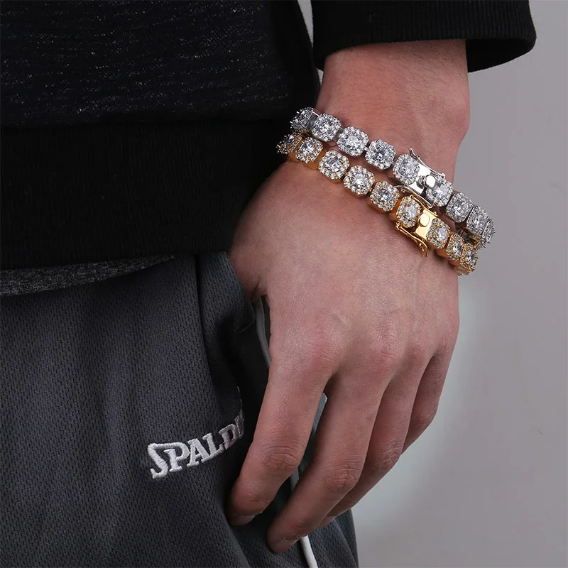 Хип-хоп Bling Iced Out AAA кубический циркон браслет теннисная цепочка браслеты 1 ряд квадратный CZ звено цепи мужские ювелирные изделия