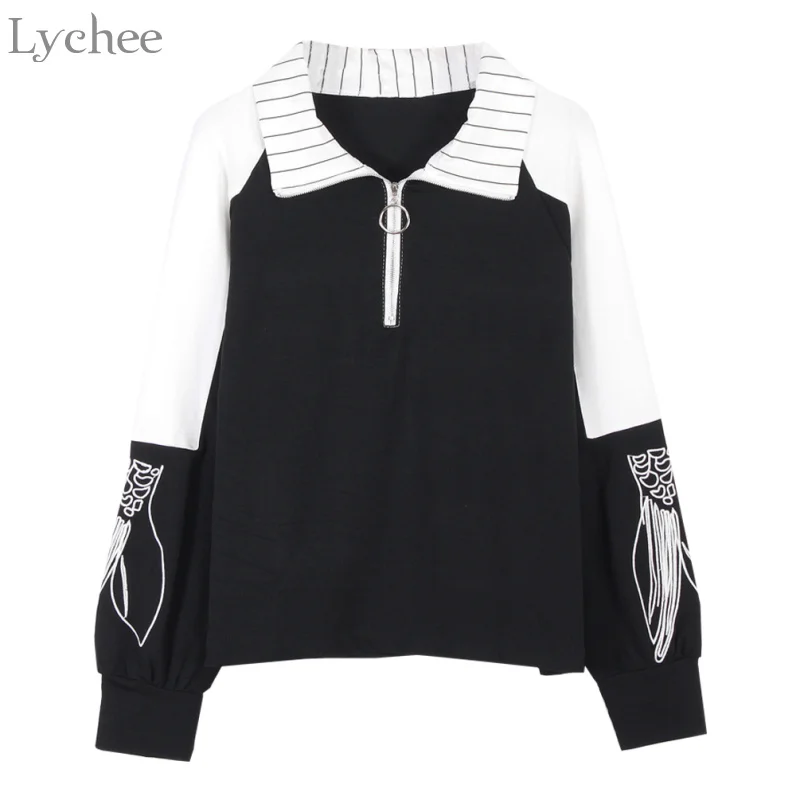 Lychee осень-зима Женская толстовка в полоску с вышивкой и отложным воротником