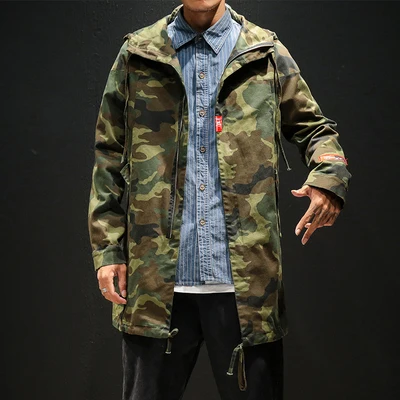 Green Camouflage 5XL-M Осенняя мужская куртка, модная Свободная куртка размера плюс с капюшоном, Мужская Высококачественная длинная Повседневная ветровка, мужская одежда - Цвет: Green Camouflage