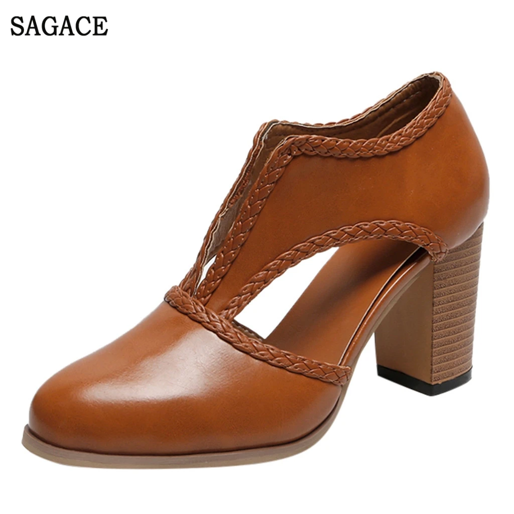 SAGACE женские модные туфли в римском стиле ретро на квадратном каблуке с острым