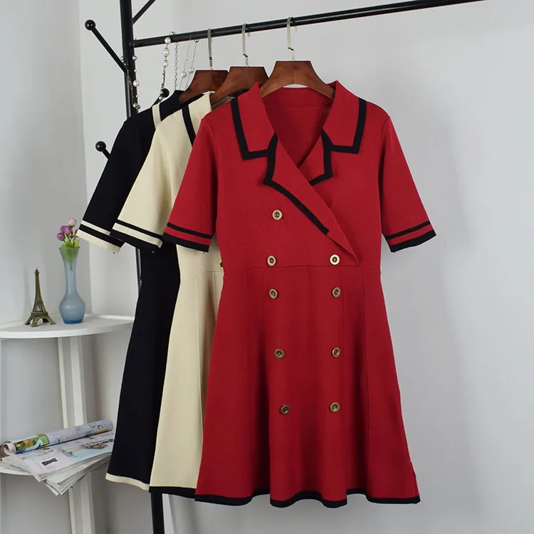 2019 женское двубортное вязаное платье платье-свитер с коротким рукавом | Женская