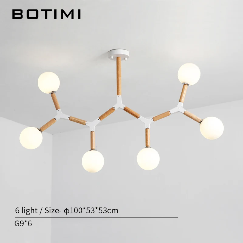 6 Light BOTIMI креативный скандинавский светодиодный Люстра со стеклянным шаром для гостиной, спальни, деревянные люстры G9, Светильники для внутреннего освещения - Цвет абажура: 6 Light